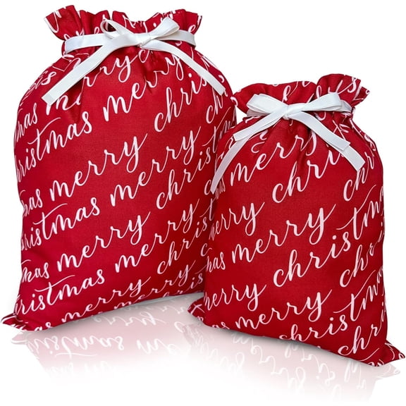 Gather & Knot Drawstring Christmas Gift Bags | 20" Large 16" Medium | Premium Canvas | Reusable Fabric Wrap for Holidays | Mix & Match | Red Merry Christmas