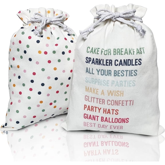 Gather & Knot Drawstring Gift Bags | 16" Medium | Happy Birthday | Gender Neutral Reusable Fabric Wrap for Adult or Kids Birthday | Dots