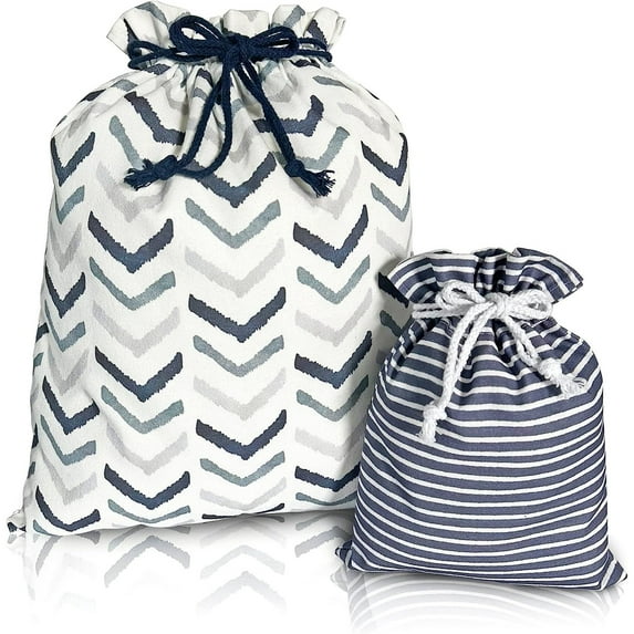 Gather & Knot Drawstring Gift Bags | 20" Large 12" Small | Premium Canvas | Gender Neutral Reusable Fabric Wrap for Hanukkah, Mother's Day, Father's Day, Baby Shower or Birthdays | Blue Chevron
