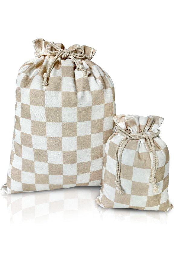 Gather & Knot Drawstring Gift Bags | 20" Large 12" Small | Premium Canvas | Reusable Fabric Wrap for All Occasions, Birthdays, Baby Shower | Gender Neutral Unisex | Checkers Taupe