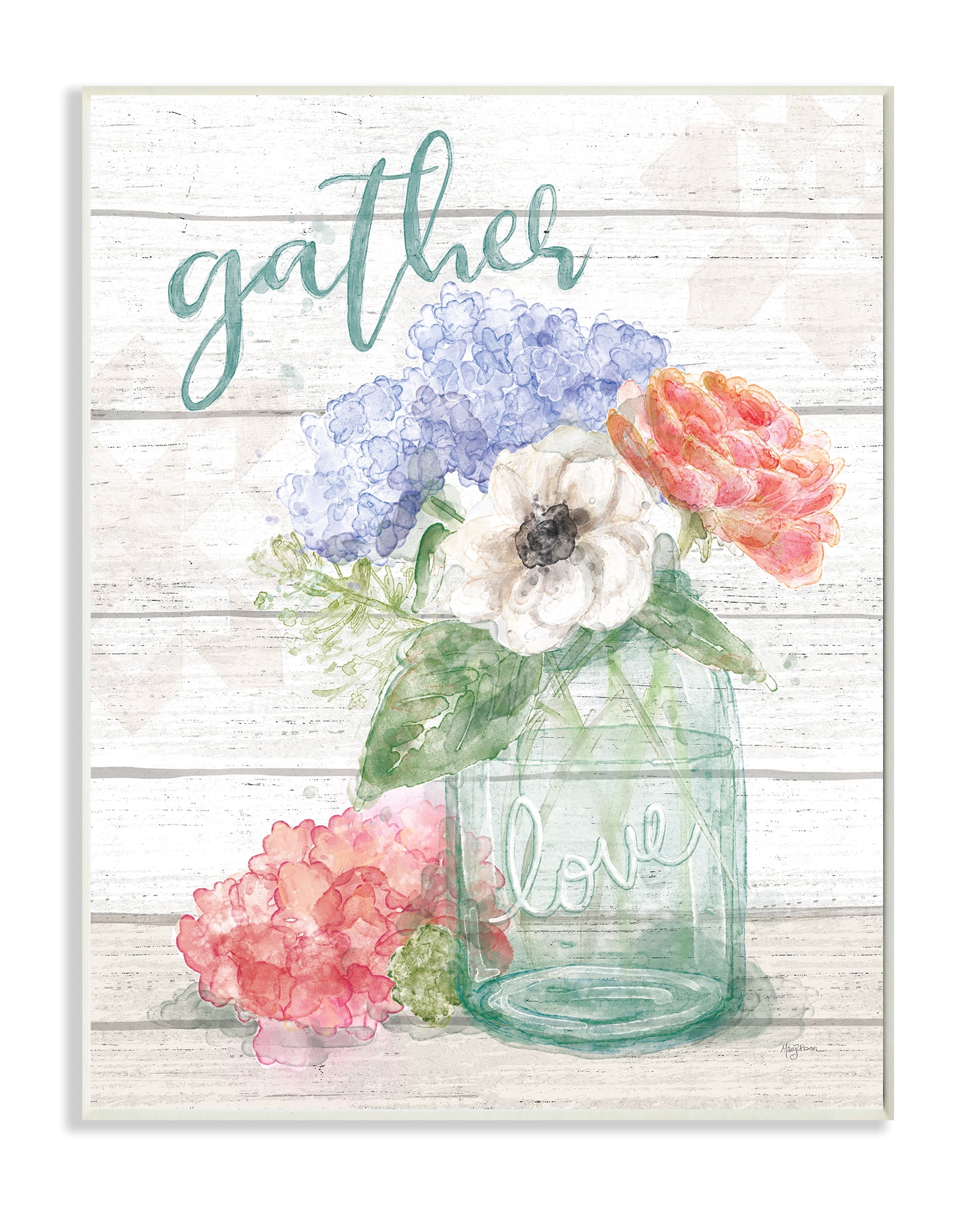 Gather Love Flower Jar Rustic Wood Textured Word Design 10 in x 15 in Framed Painting Art Prints, by Stupell Home Décor