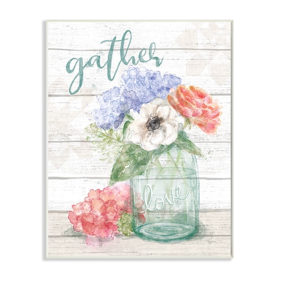 Gather Love Flower Jar Rustic Wood Textured Word Design 13" x 19" Framed Painting Art Prints, by Stupell Home Décor