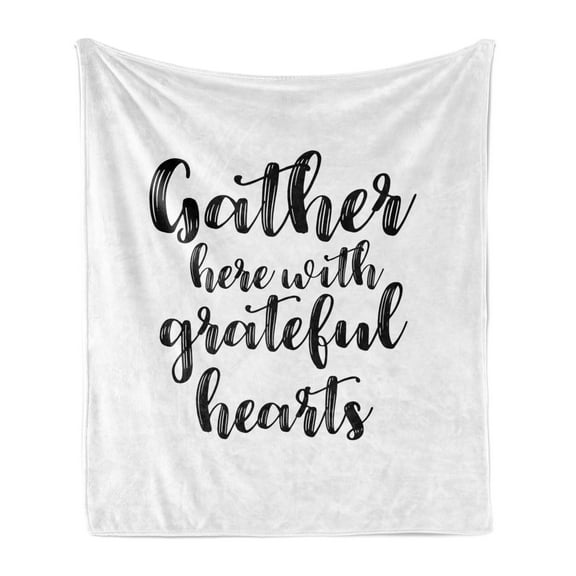 Gather Soft Flannel Fleece Blanket, Gather Here with Grateful Heart Words Minimalist Hand Written Calligraphy, Cozy Plush for Indoor and Outdoor Use, 50" x 70", Dark Blue Grey White, by Ambesonne