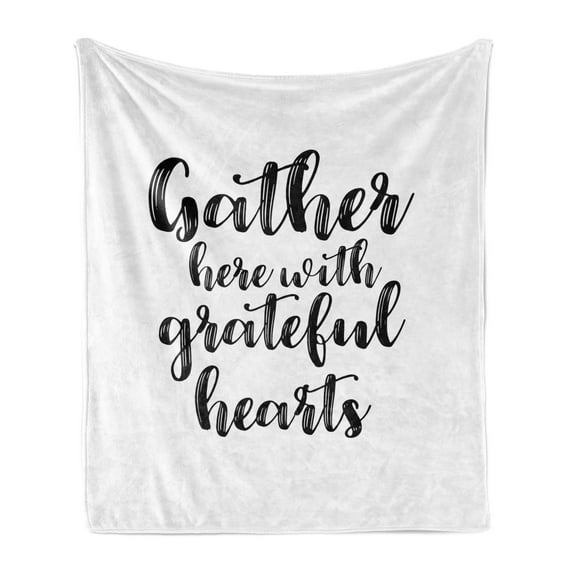 Gather Soft Flannel Fleece Blanket, Gather Here with Grateful Heart Words Minimalist Hand Written Calligraphy, Cozy Plush for Indoor and Outdoor Use, 50" x 70", Dark Blue Grey White, by Ambesonne