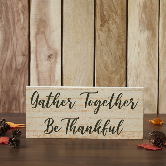 VHC Brands Gather Together Be Thankful Green on Cream Base MDF Sign 7x16, Holiday Decoration for Tabletop, Table Decor for Thanksgiving