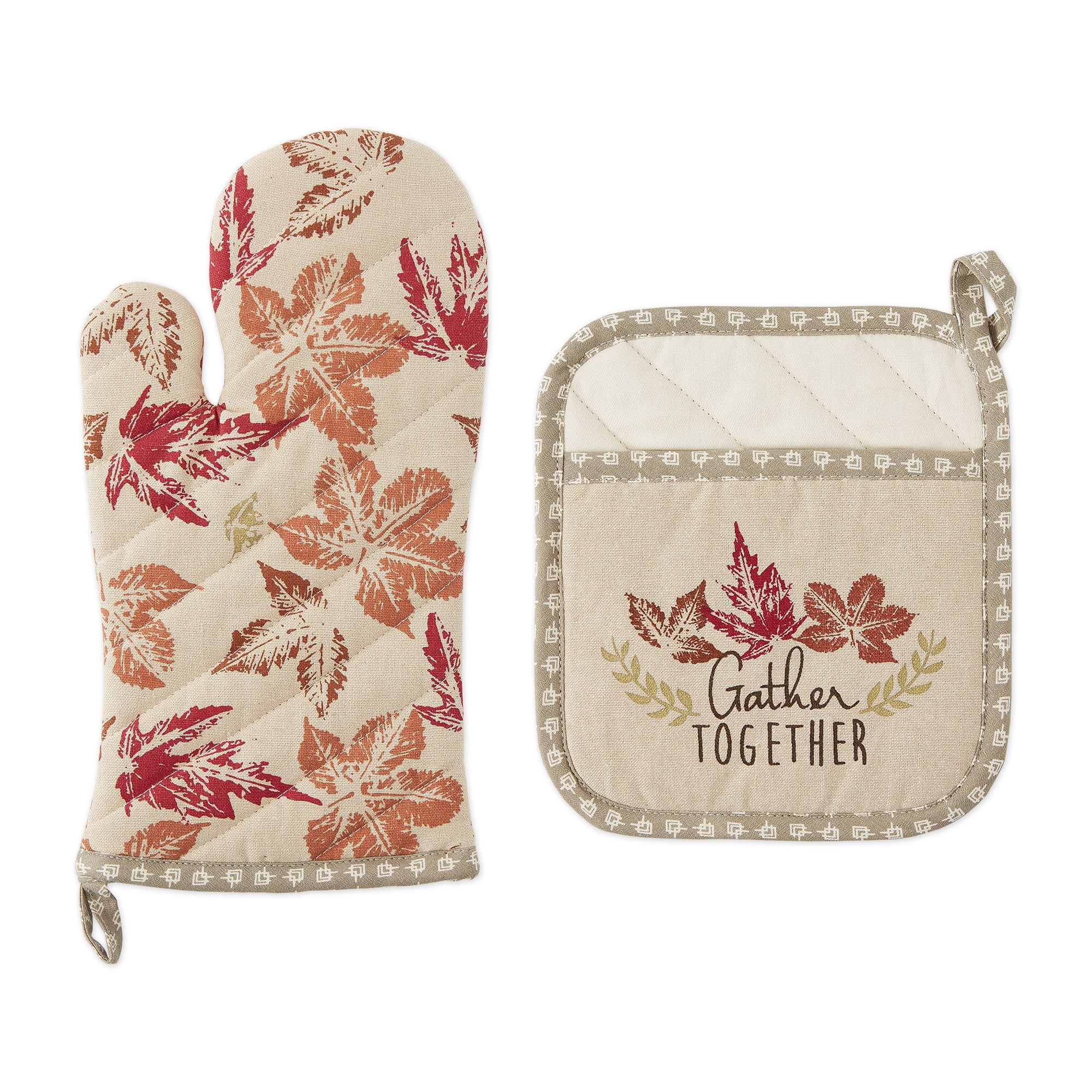 Rustic Leaves Cotton Oven Mitt and Pot Holder Set