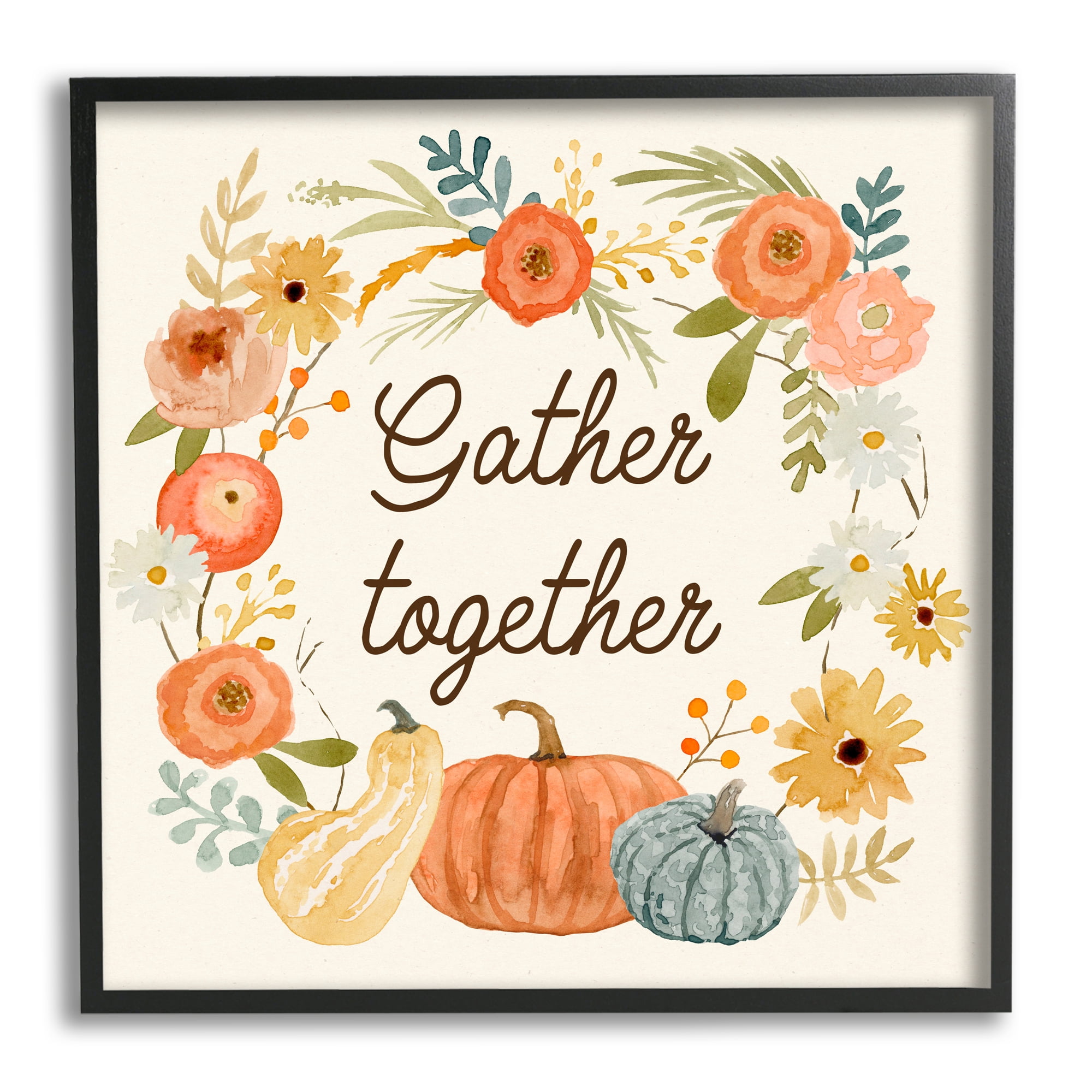 Gather Together Phrase Orange Floral Wreath Pumpkin Gourd Inspirational Framed Art Print Wall Art, 17x17