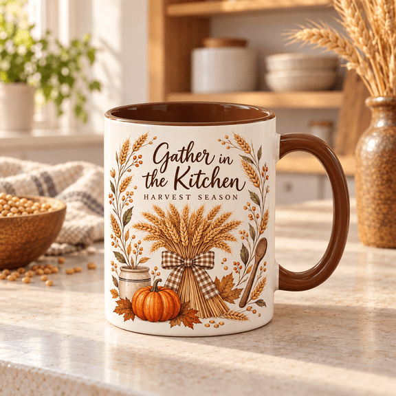 Gather in the Kitchen Harvest Wheat Pumpkin Ceramic Coffee Mug Host Gift