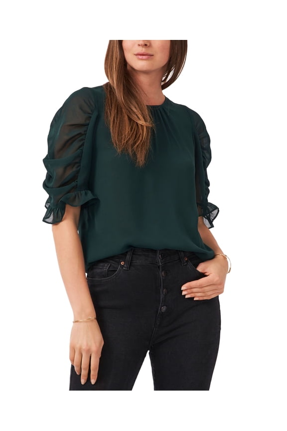 Gathered Ruffle Sleeve Top Pine Green XS