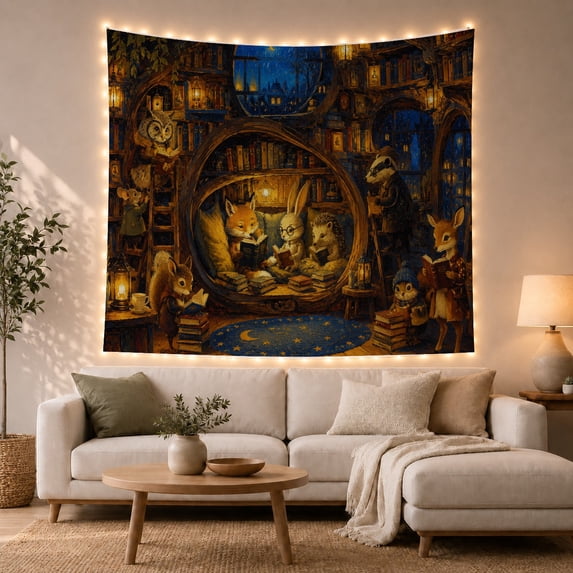 Gathering Forest Animals With Reading Studying Library, Inspirational Illustration for Art Lovers, Wall Decor, Graduation Gift, Tapestry Wall Hanging for Dorm and Living Room