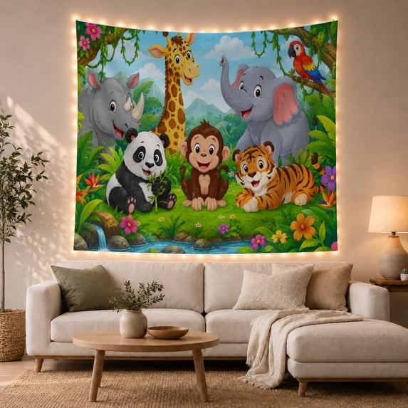 Gathering Friendly Animals With Jungle Environment Main Seven, Mystical Fantasy for Space Lovers, Galaxy Room Decor, Mother's Day Gift, Tapestry Wall Hanging for Bedroom and Dorm