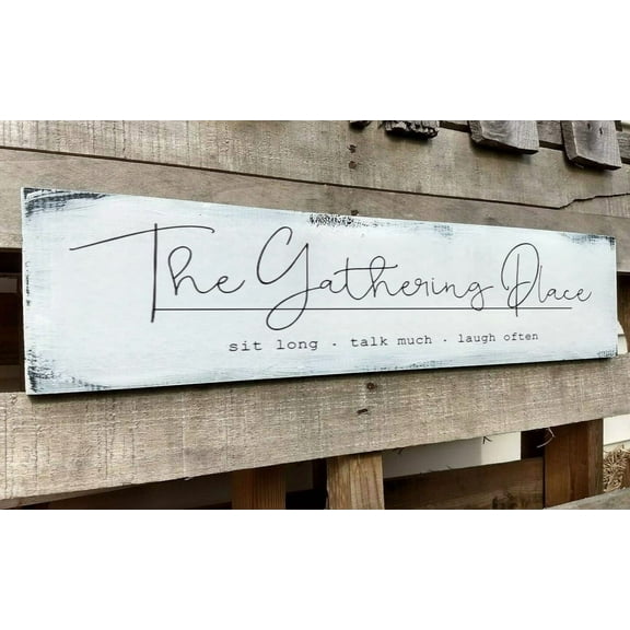 The Gathering Place Wall Decor Sign Large Family Dining Room Vintage Wooden Country Farmhouse Simple and Rustic Hanging for Kitchen Home Wall Art Decoration (Wood) 4x16 Inch