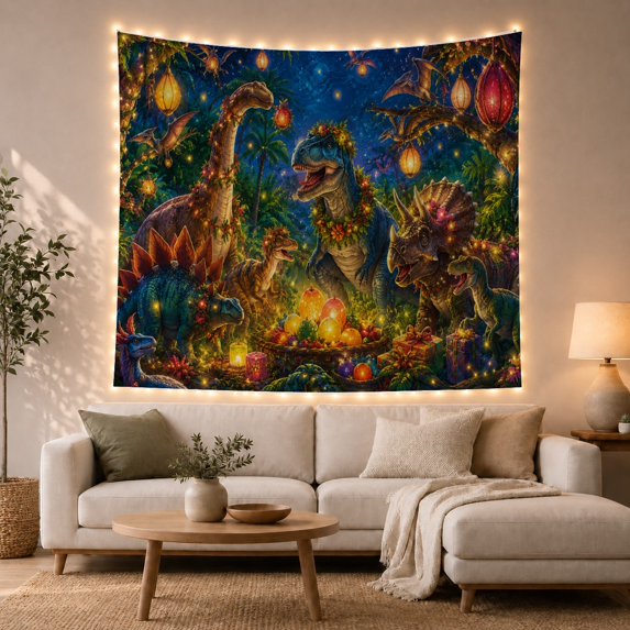 Gathering Various Dinosaurs With Lush Tropical Jungle Starry, Mystical Fantasy for Space Lovers, Galaxy Room Decor, Mother's Day Gift, Tapestry Wall Hanging for Bedroom and Dorm