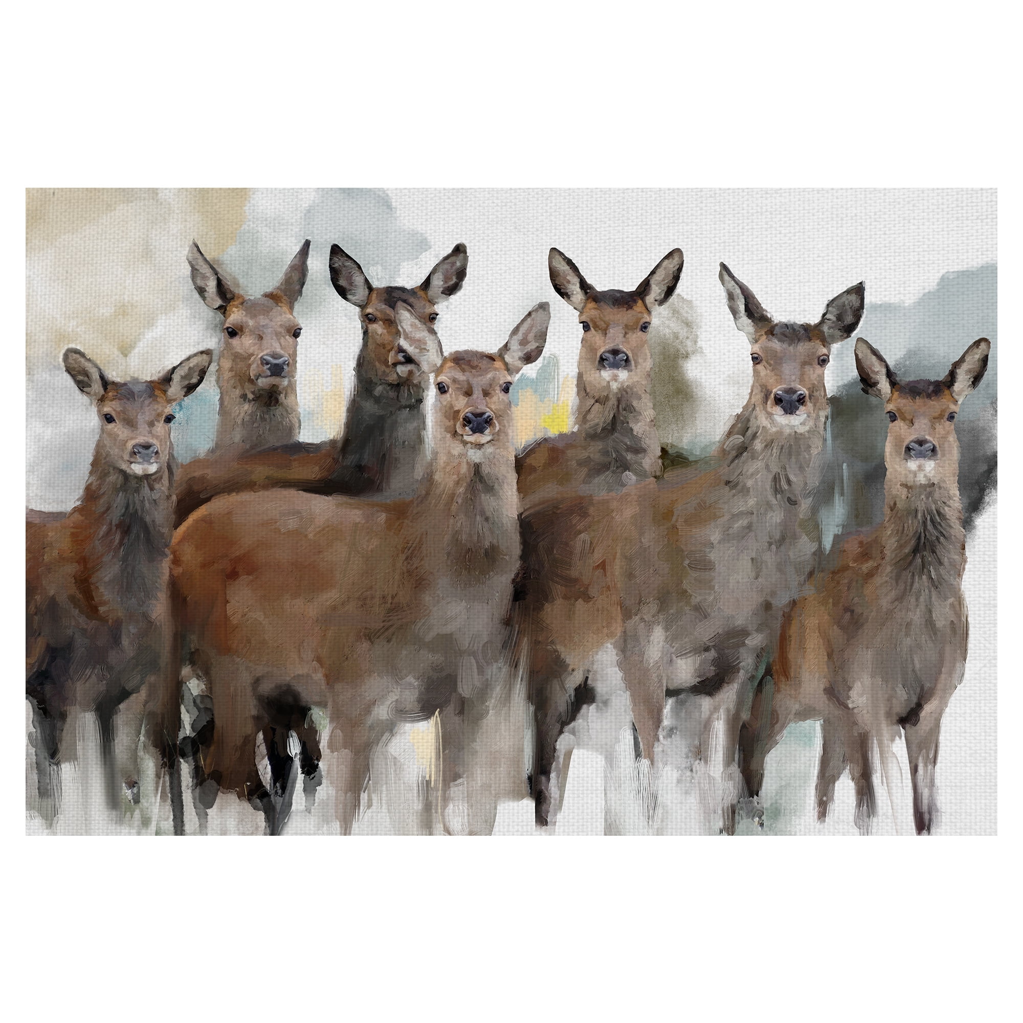 Stoic Deer Gathering Brown and Gray Canvas Art Print