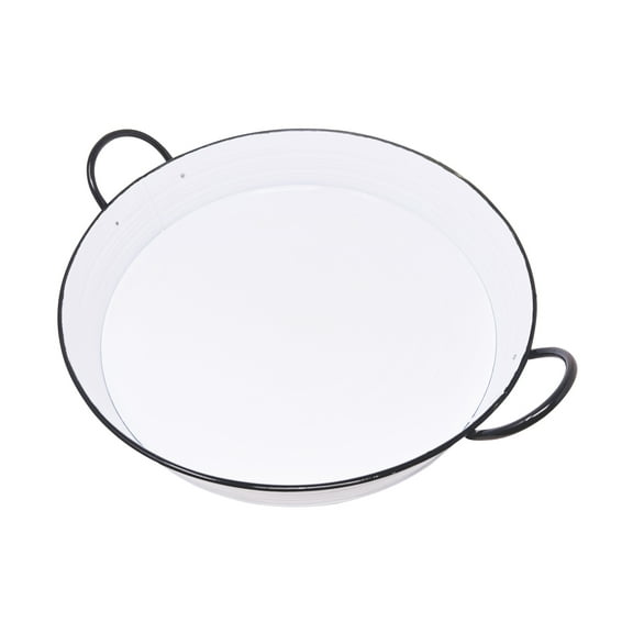 Gathery Designs Large Round White Metal Serving Tray with Black Metal Handle/Rim for Home, Kitchen, Party, Wedding, Storage, Events and More
