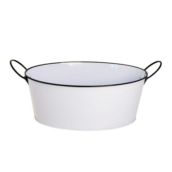 Gathery Designs Oval White Metal Beverage Bucket, Container, Storage Bin with Metal Handles for Home, Kitchen, Bar, Party, Wedding, Events and More