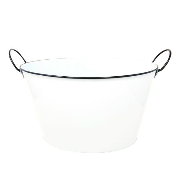 Gathery Designs Oval White Metal Beverage Bucket, Container, Storage Bin with Metal Handles for Home, Kitchen, Bar, Party, Wedding, Events and More