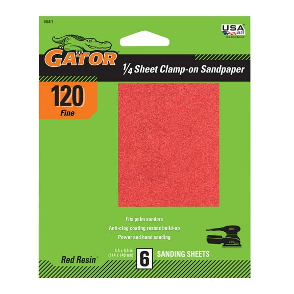 Gator 388477 4.5 in x 5.5 in Fine 120 Grit 1/4 Sheet Clamp-On Sandpaper, 6 Pieces