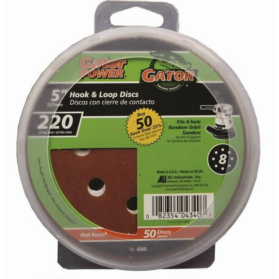 Gator 4340 Sanding Disc, 5 in Dia, 220 Grit, Extra Fine, Aluminum Oxide Abrasive, Vented