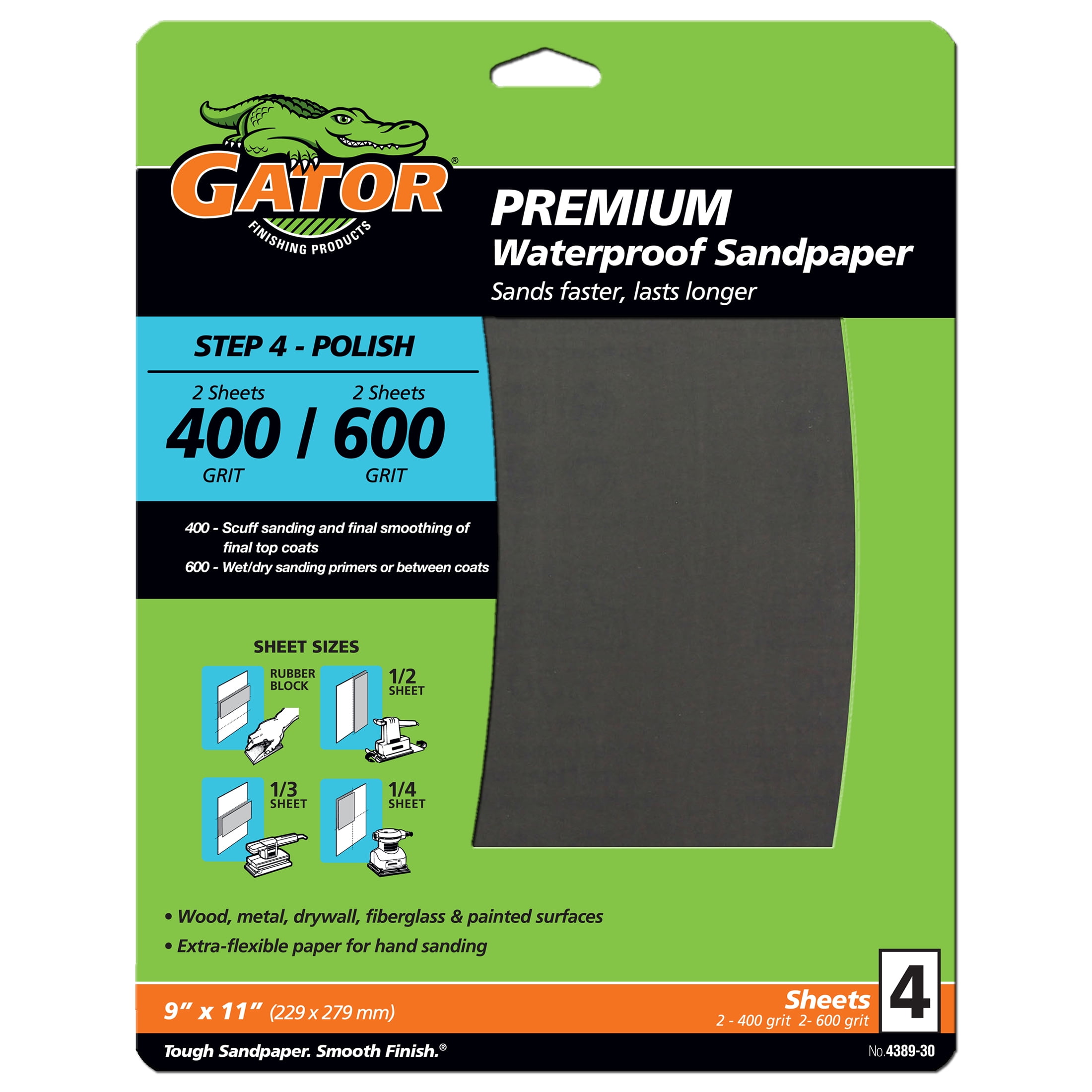 Gator 438930 9 in x 11 in 400/600 Grit Premium Waterproof Sandpaper Combo Pack, 4 Pieces