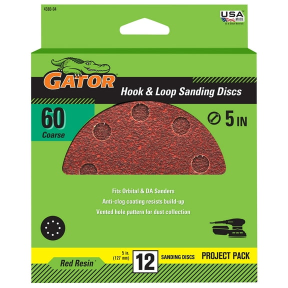 Gator 5-Inch 8-Hole Red Resin Hook and Loop Sanding Discs, 60-Grit, 12-Pack, 4380-04