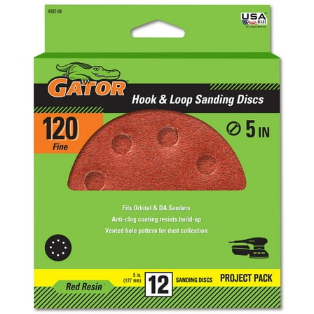 Gator 5-Inch 8-Hole Red Resin Multi-Surface Hook and Loop Sanding Discs, 120 Grit, 12-Pack, 4382-04