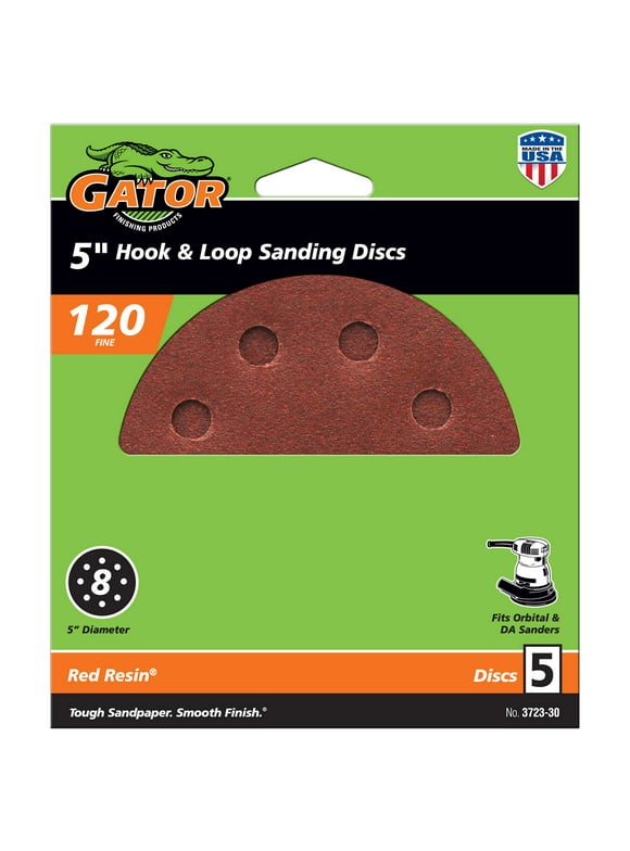 Gator 5-Inch 8-Hole Red Resin Aluminum Oxide Multi-Surface Hook and Loop Sanding Discs, 120 Grit, 5-Pack, 3723-30