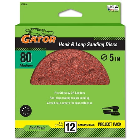 Gator 5-Inch 8-Hole Red Resin Multi-Surface Hook and Loop Sanding Disc, 80-Grit, 12 Pack, 4381-04