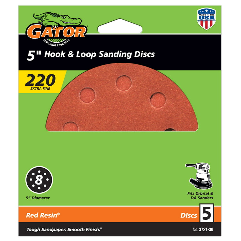 Gator 5-inch 8-Hole Red Resin Aluminum Oxide Multi-Surface Hook and Loop  Sanding Discs, 220-Grit, 5-pack 
