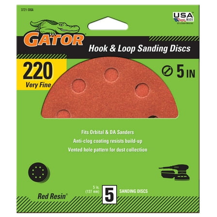 Gator 5-Inch 8-Hole Red Resin Multi-Surface Hook and Loop Sanding Discs, 220-Grit, 5-pack