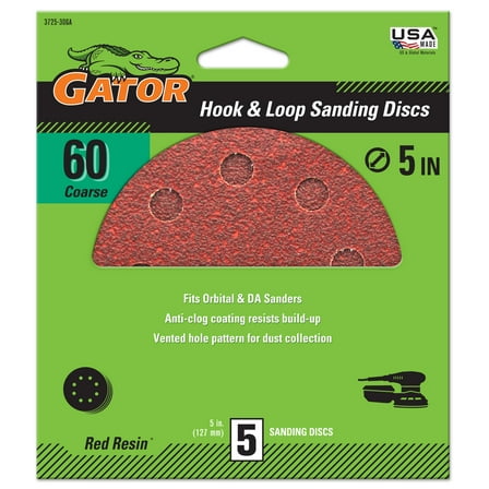 Gator 5-Inch 8-Hole Red Resin Multi-Surface Hook and Loop Sanding Discs, 60-Grit, 5-Pack, 3725-30