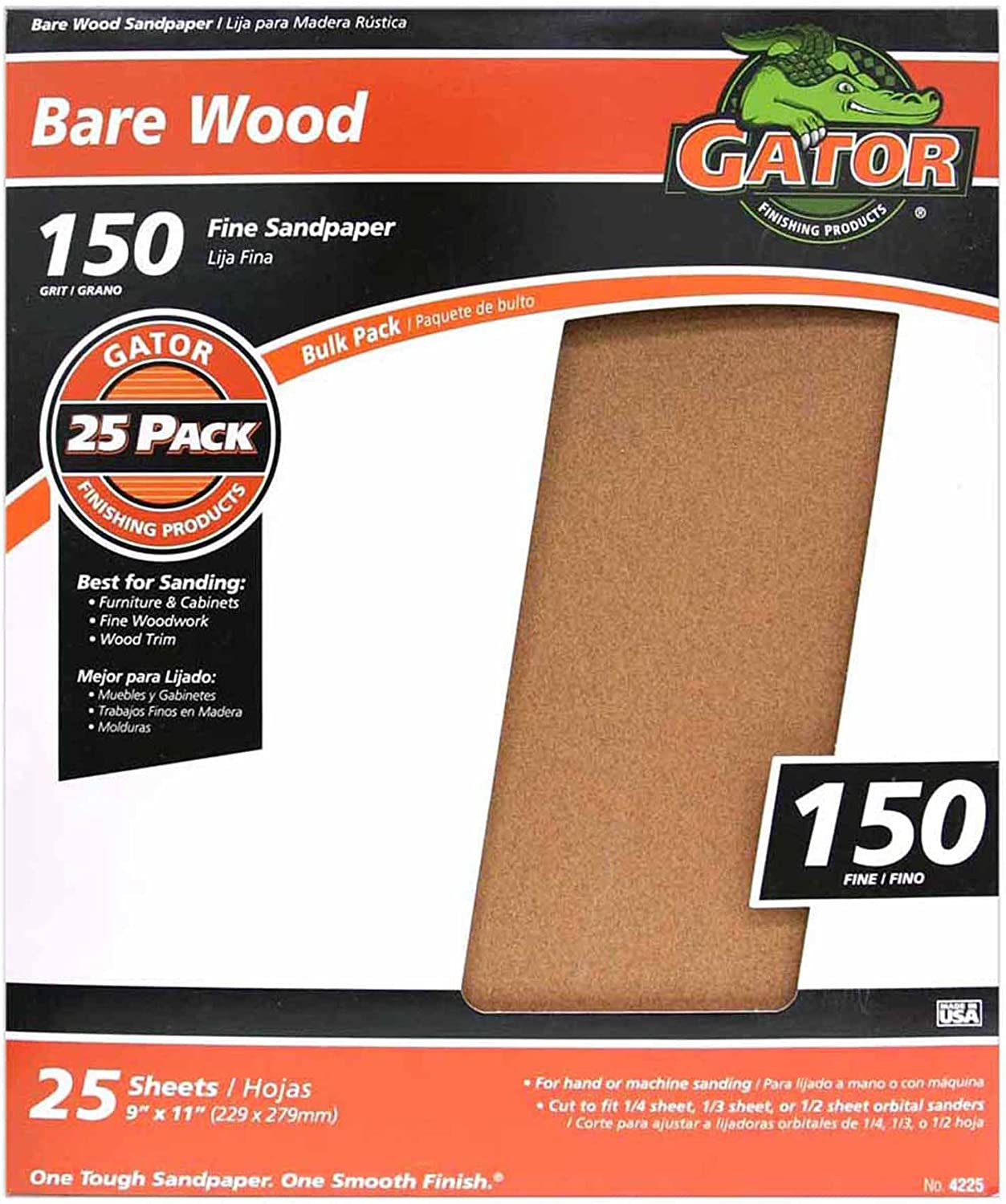 Gator 9" x 11" Bare Wood Sanding Sheets, 150 Grit, 25 Pack