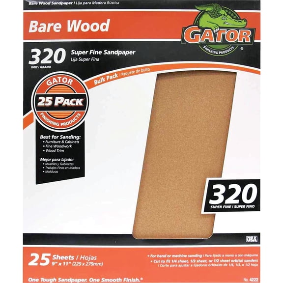 Gator 9" x 11" Bare Wood Sanding Sheets, 320 Grit, 25 Pack