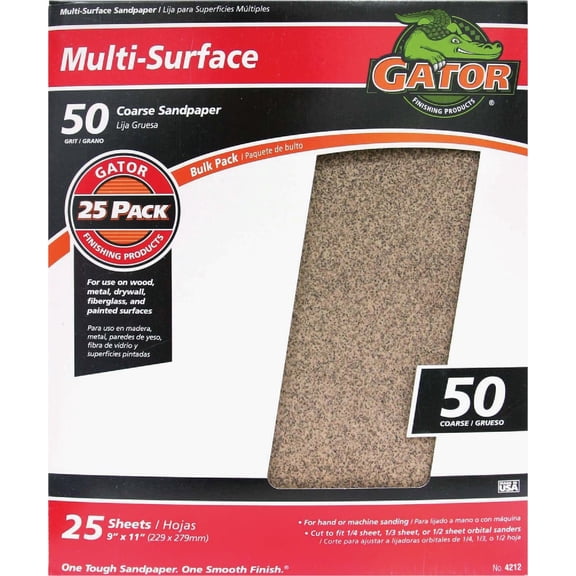 Gator 9" x 11" Multi-Surface Sanding Sheets, 50 Grit, 25 Pack