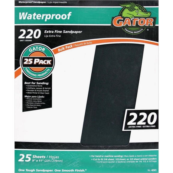 Gator 9" x 11" Waterproof Sanding Sheets, 220 Grit, 25 Pack, Black