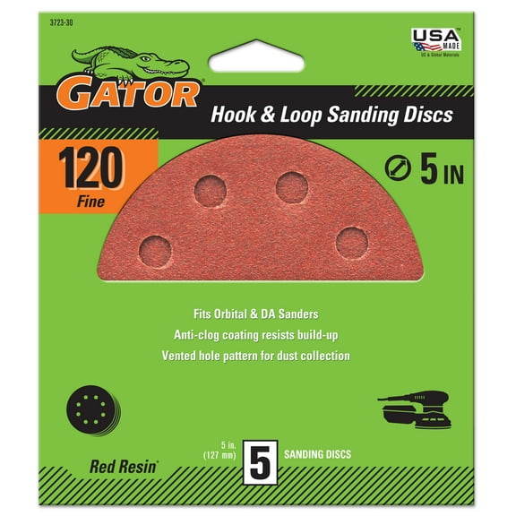 Gator 5-Inch 8-Hole Red Resin Hook and Loop Sanding Disc, 120-Grit, 5-Pack