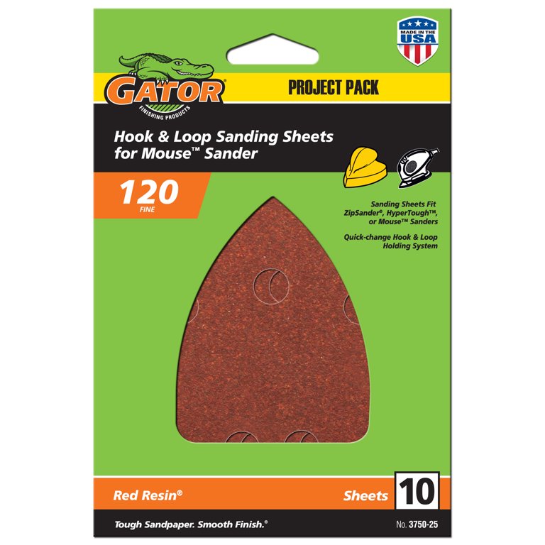Gator Multi-Surface Hook and Loop Mouse Detail Sanding Sheets, 120-Grit, 10-Pack, 3750-25