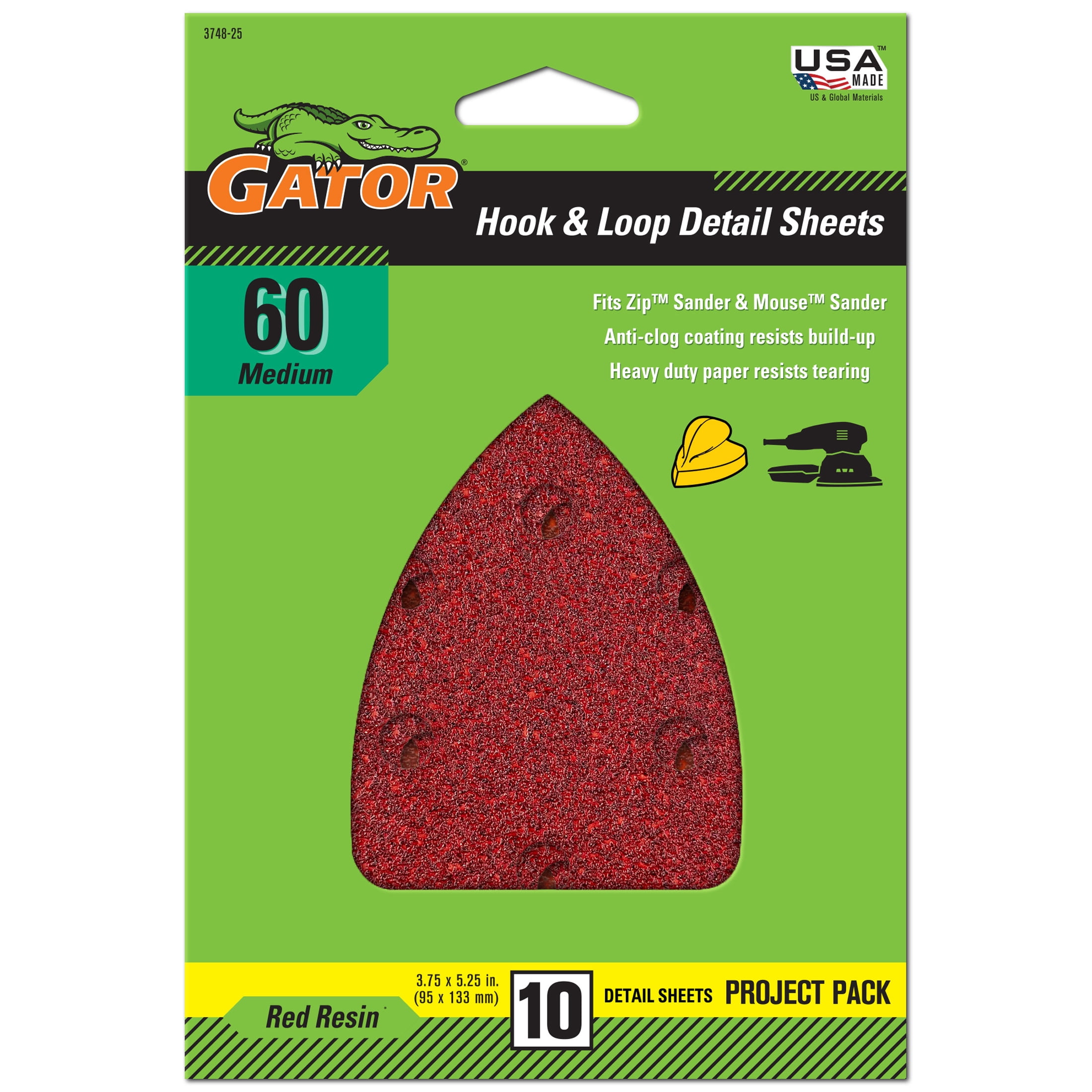 Gator 374825GA 3.75 in x 5.25 in Medium 60 Grit Hook & Loop Sanding Sheets for Mouse Sander, 10 Pieces