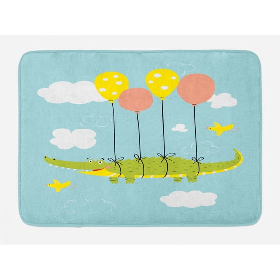 Gator Bath Mat, Themed Graphic with Crocodile Flying with Balloons Birds and Clouds, Plush Bathroom Decor Mat with Non Slip Backing, 29.5" X 17.5", Pale Blue Multicolor, by Ambesonne