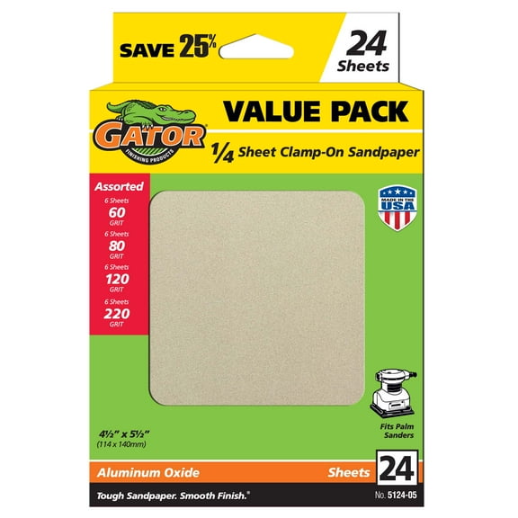 Gator Clamp-On Aluminum Oxide 1/4 Sandpaper Sheets, Assorted 60/80/120/220 Grit, 24-Pack, 5124-05