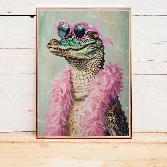 Gator In A Pink Feather Boa Wall Art Print, Girly, Funny Bedroom Wall Art, S, Eclectic Decorations, Edgy Art Poster, Poster Only