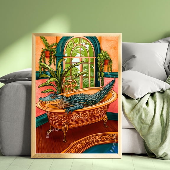Gator In Bathtub Print Funny Bathroom Alligator Art Home Decor Office Wall Art