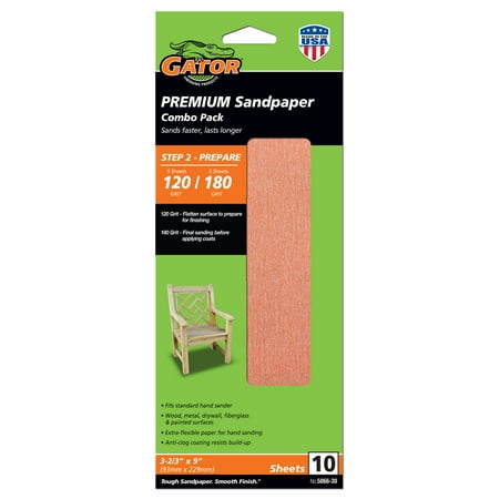 Gator 506630 3-2/3 in x 9 in 120/180 Grit Premium Sandpaper Combo Pack, 10 Pieces