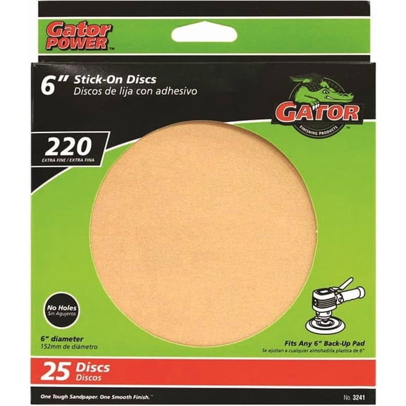 Gator 3241 Sanding Disc, 6 in Dia, Coated, 220 Grit, Extra Fine, Aluminum Oxide Abrasive, Paper Backing