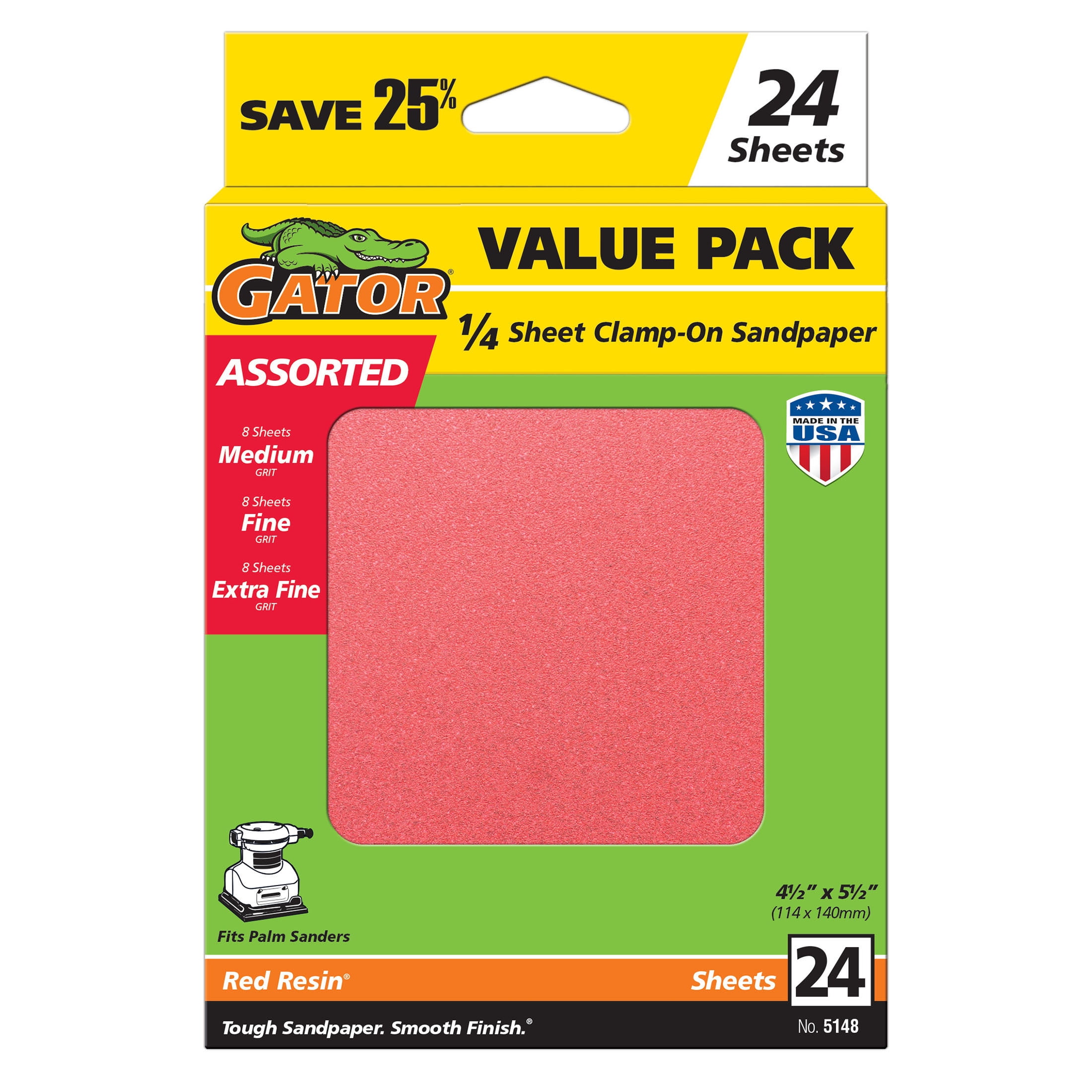 Gator Red Resin Multi-Surface Clamp-on 1/4 Sanding Sheets Assorted Grit, 24 Pack