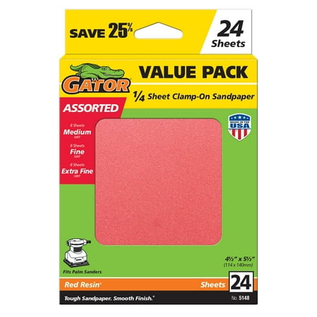 Gator 5148 4.5 in x 5.5 in Assorted Grit 1/4 Sheet Clamp-On Sandpaper, 24 Pieces