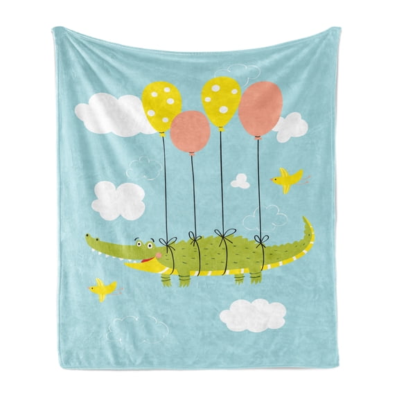 Gator Soft Flannel Fleece Blanket, Nursery Themed Graphic with Crocodile Flying with Balloons Birds and Clouds, Cozy Plush for Indoor and Outdoor Use, 50" x 60", Pale Blue Multicolor, by Ambesonne