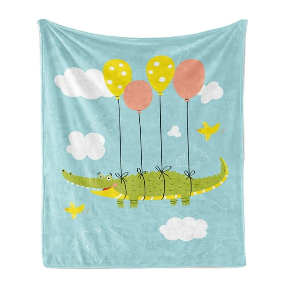 Gator Soft Flannel Fleece Blanket, Nursery Themed Graphic with Crocodile Flying with Balloons Birds and Clouds, Cozy Plush for Indoor and Outdoor Use, 70" x 90", Pale Blue Multicolor, by Ambesonne
