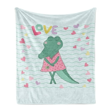 Gator Soft Flannel Fleece Throw Blanket, Cartoon Female Crocodile with Polka Dotted Dress and Love Typography Hearts, Cozy Plush for Indoor and Outdoor Use, 50" x 60", Multicolor, by Ambesonne