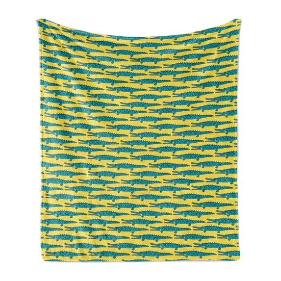 Gator Soft Flannel Fleece Throw Blanket, Repetitive Doodle Style Drawing of Crocodile Pattern Predator Animal, Cozy Plush for Indoor and Outdoor Use, 70" x 90", Teal Mustard, by Ambesonne